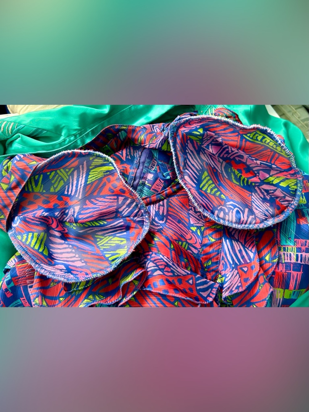 Vintage 80s Diane Freis Bold Multicolor Abstract Ruffle Drawstring Top, Size L - Picture 17 of 17